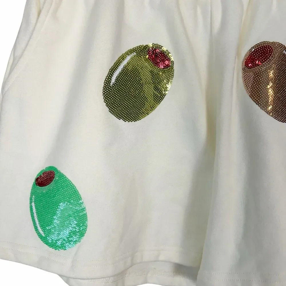 Queen Of Sparkles Allover Sequin Olive Print Martini Shorts Cream NWT Sz S
